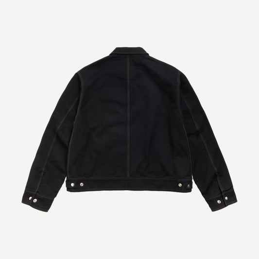 Black Stussy work jacket with a collared design, featuring a durable fabric and classic style for versatile casual wear.