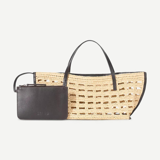 Staud Christos Mini Tote in raffia crochet, showcasing a stylish small purse with woven texture and rounded handles.