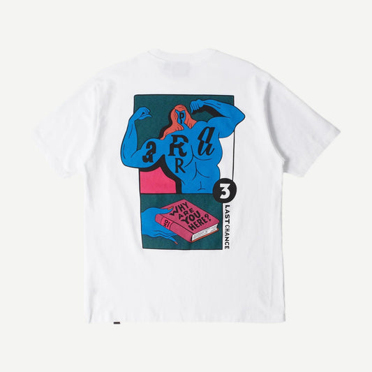 White "Why Are You Here" T-shirt by By Parra featuring bold printed text on the front.