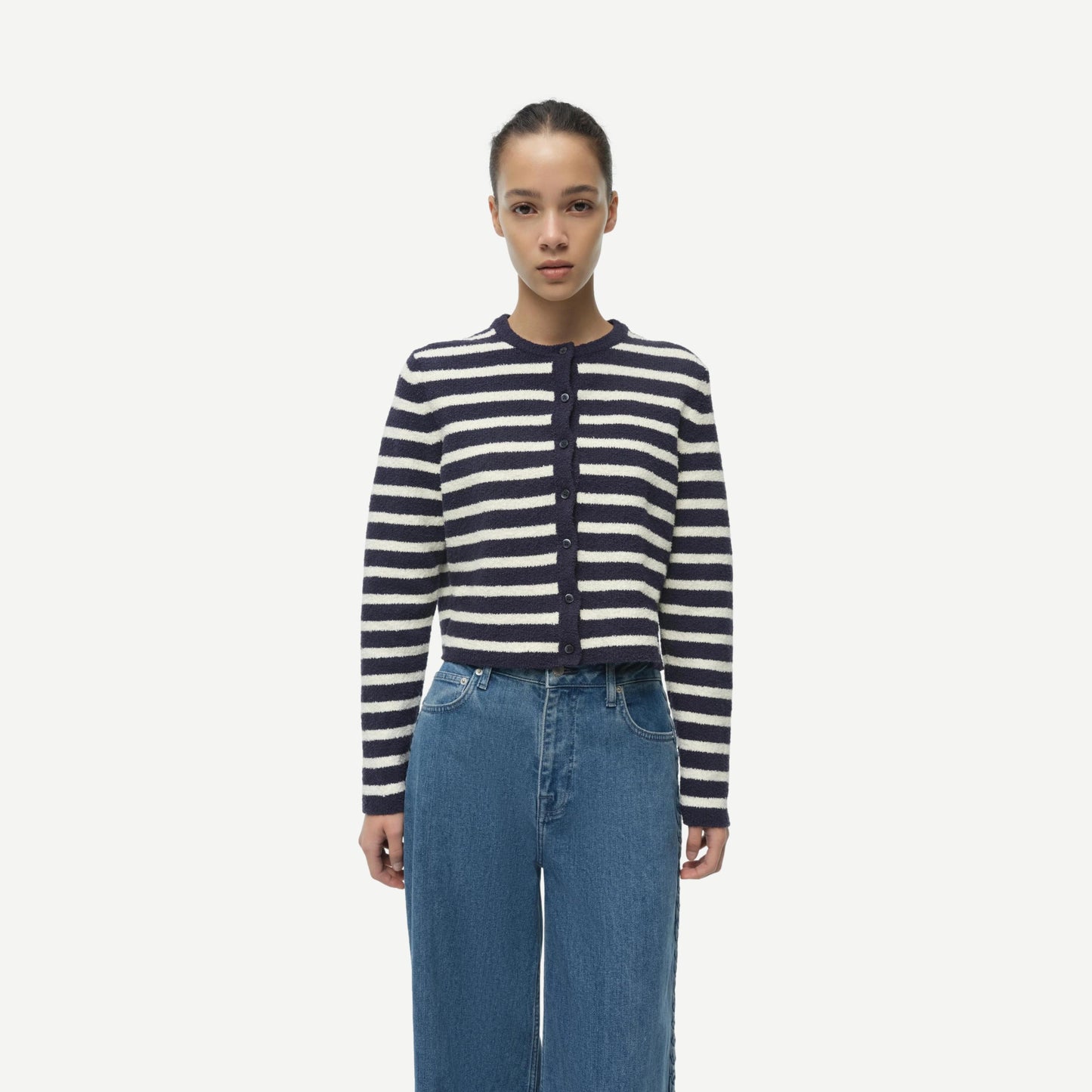 Hartland Knit Crewneck Cardigan - Midnight Stripe - Galvanic.co