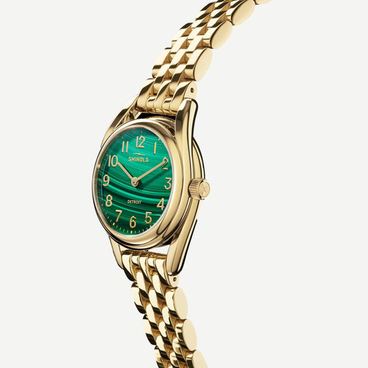 Shinola Derby 2H Gold 30.5mm watch with malachite dial