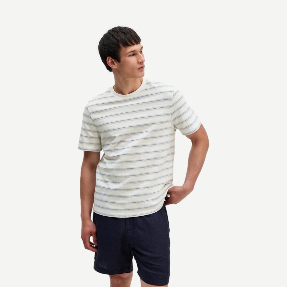 Dean SS Tee - Stitch Stripe - Ecru / Blue - Galvanic.co