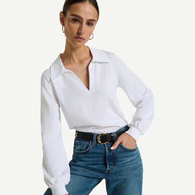 Nation LTD Kimberley Polo Tee in optic white, featuring a classic polo collar and short sleeves, displayed on a model.