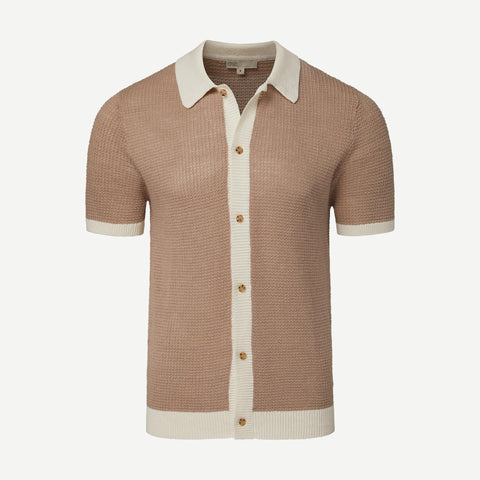 Linen SS Button Up Sweater - Tan/White