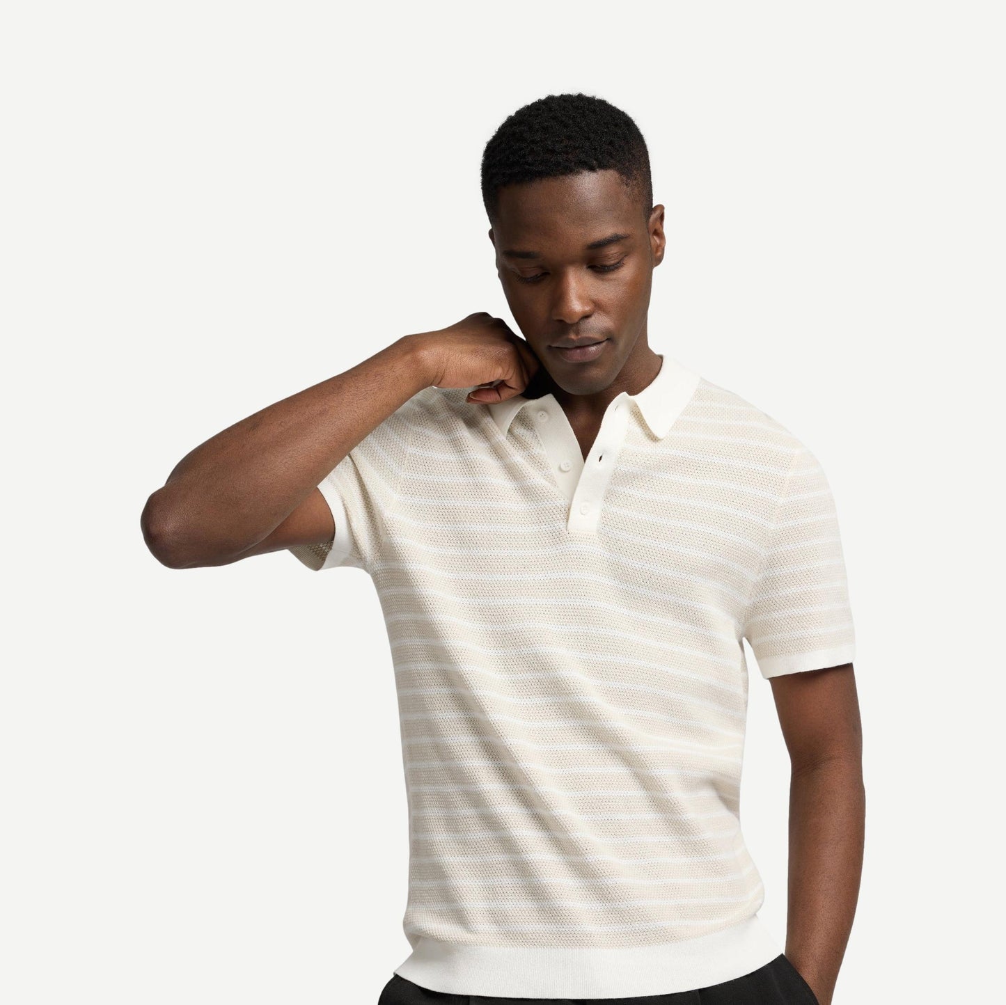 Cotton Textured Knit Polo - Pinstripe Stone/Egret - Galvanic.co