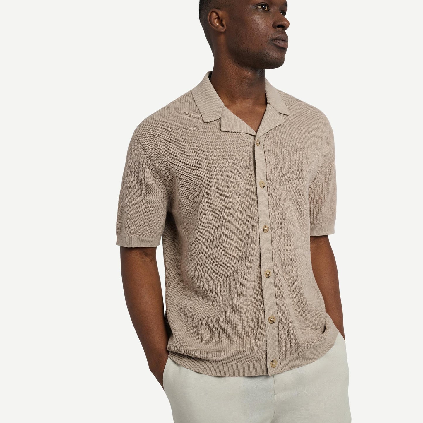 Cotton Linen Knit Camp Shirt - Tan - Galvanic.co