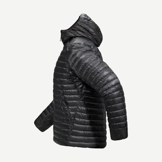 Black Arcteryx Cerium SL Hoody jacket shown from the side, highlighting lightweight design and sleek profile.