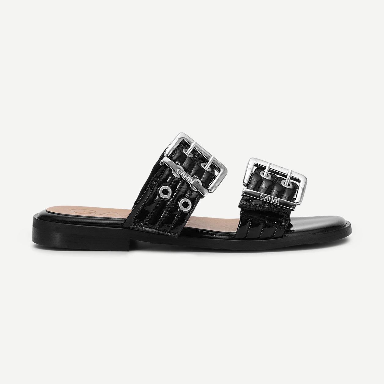 Feminine Buckle Two Strap Sandal Naplack - Black - Galvanic.co