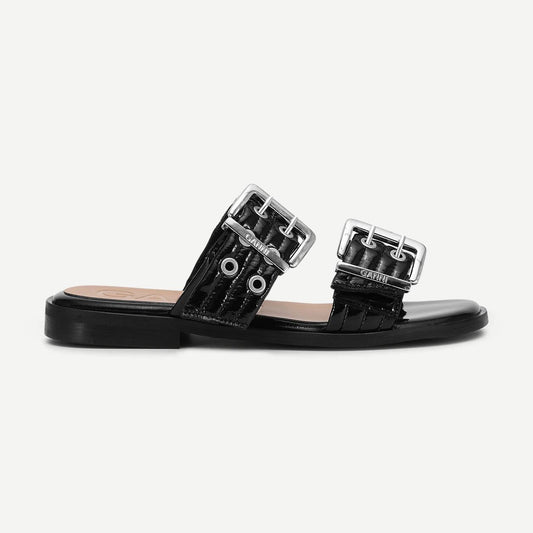 Feminine Buckle Two Strap Sandal Naplack - Black - Galvanic.co