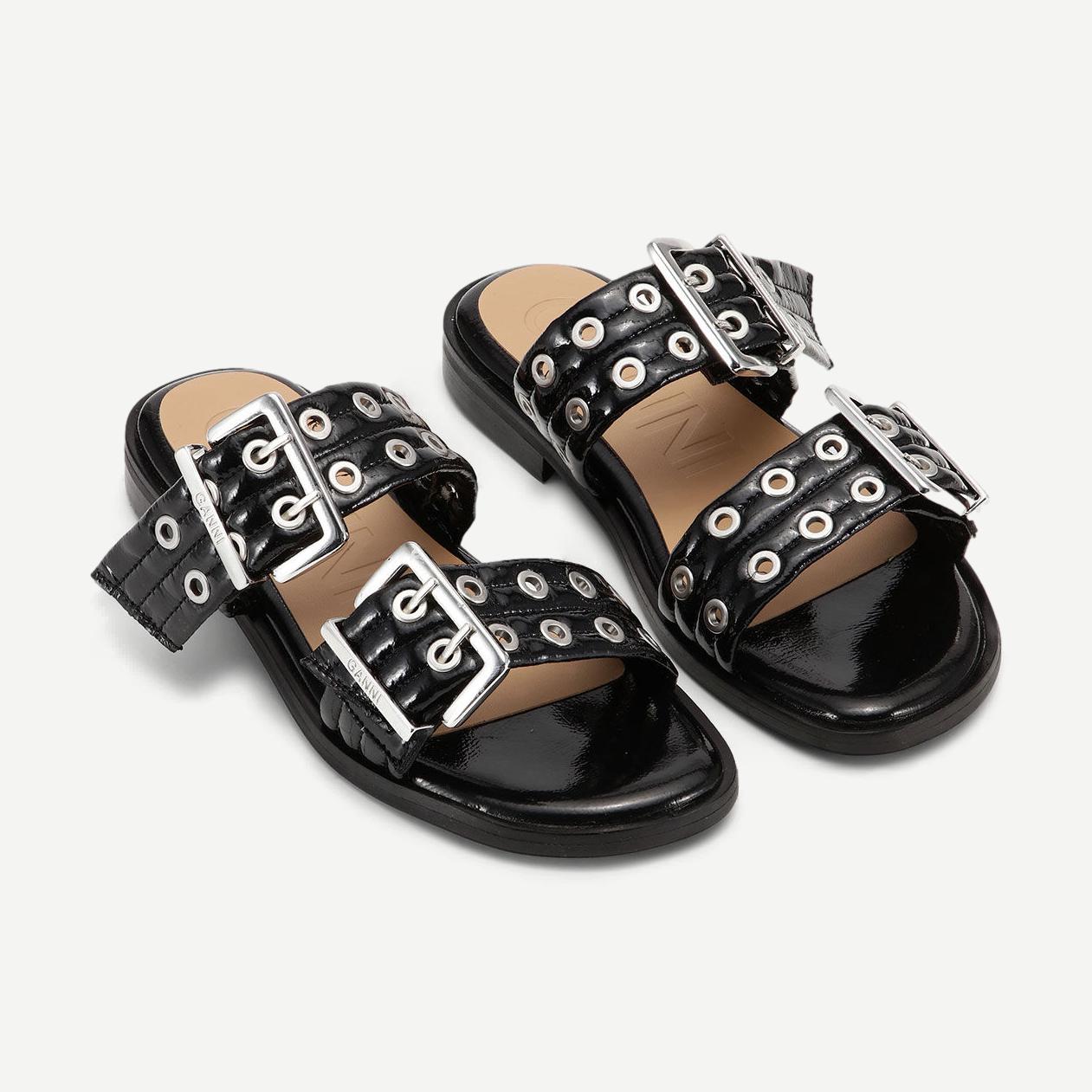 Feminine Buckle Two Strap Sandal Naplack - Black - Galvanic.co