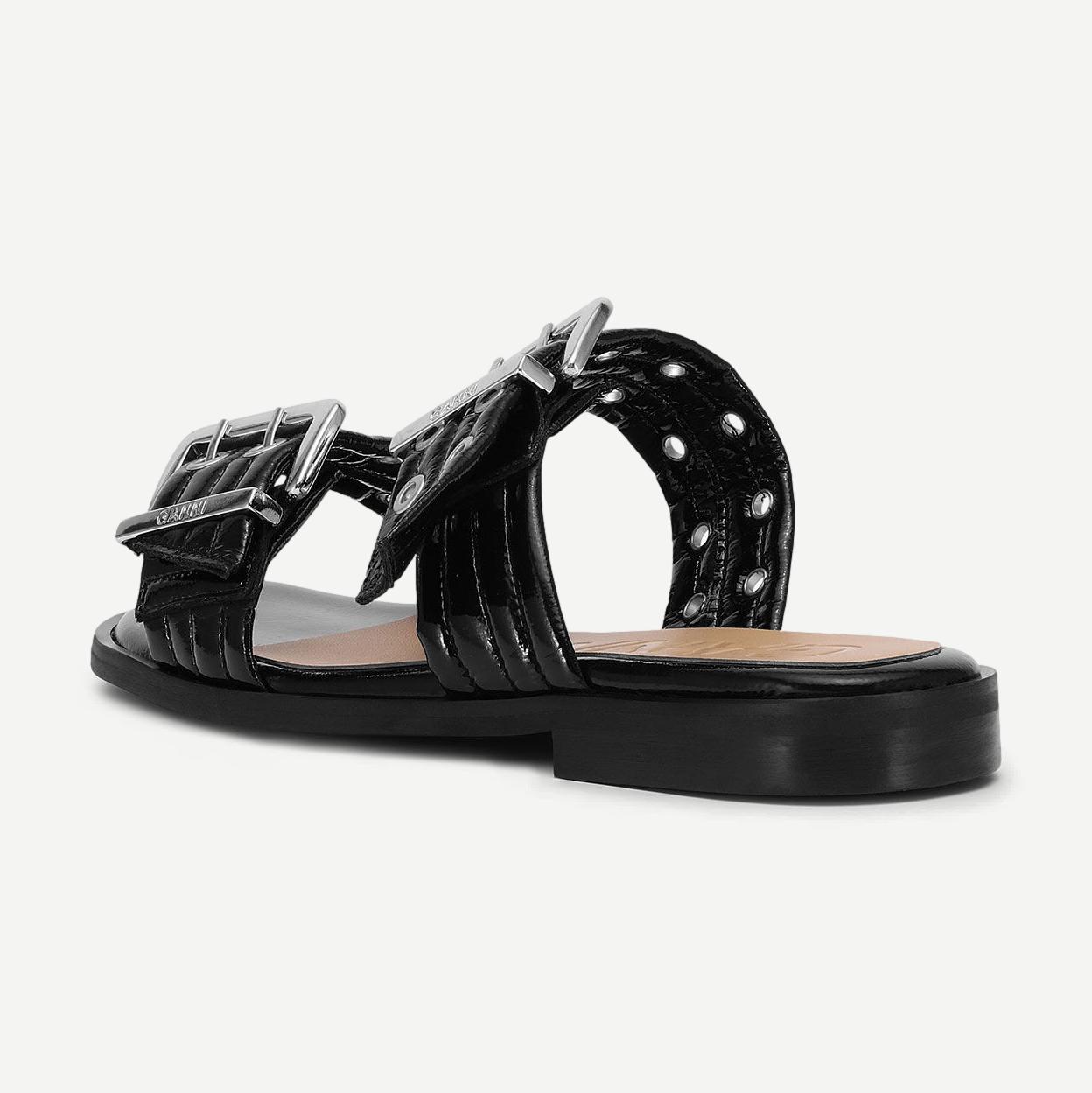 Feminine Buckle Two Strap Sandal Naplack - Black - Galvanic.co