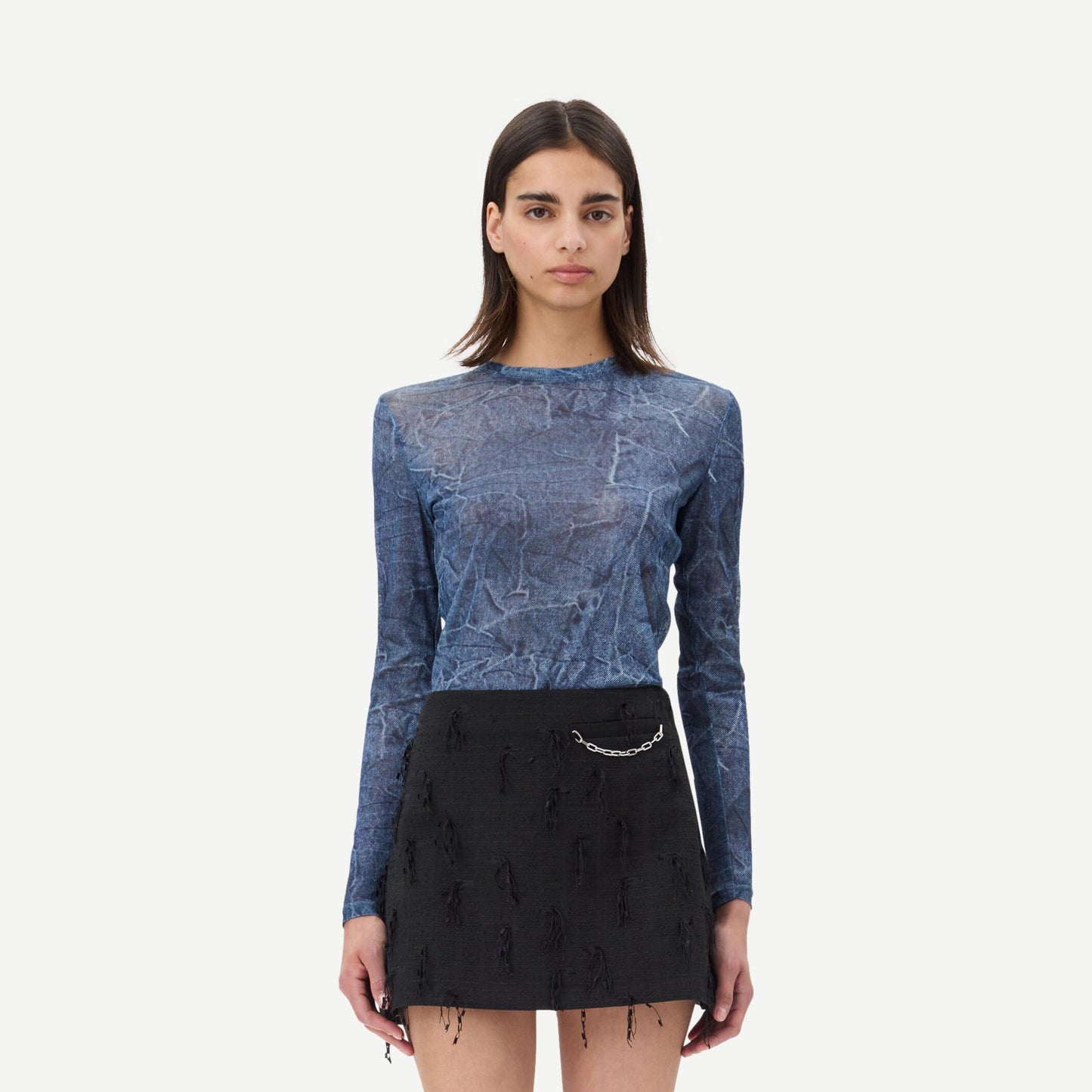 Marl Mesh Long Sleeve Crew Neck Blouse - Denim - Galvanic.co