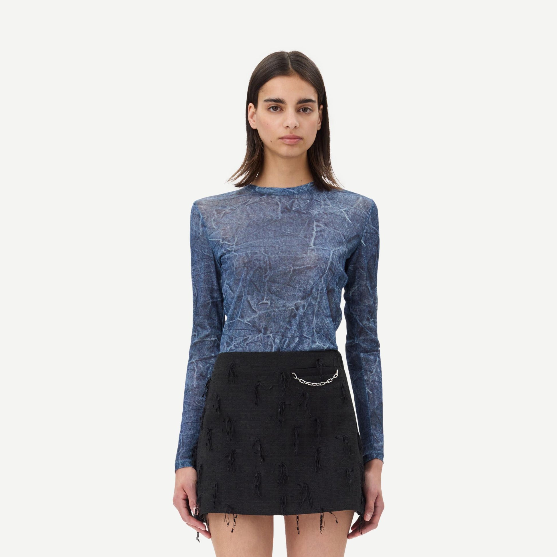 Marl Mesh Long Sleeve Crew Neck Blouse - Denim - Galvanic.co