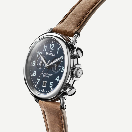 Shinola Runwell Chrono 41mm watch with British tan leather strap and midnight blue dial