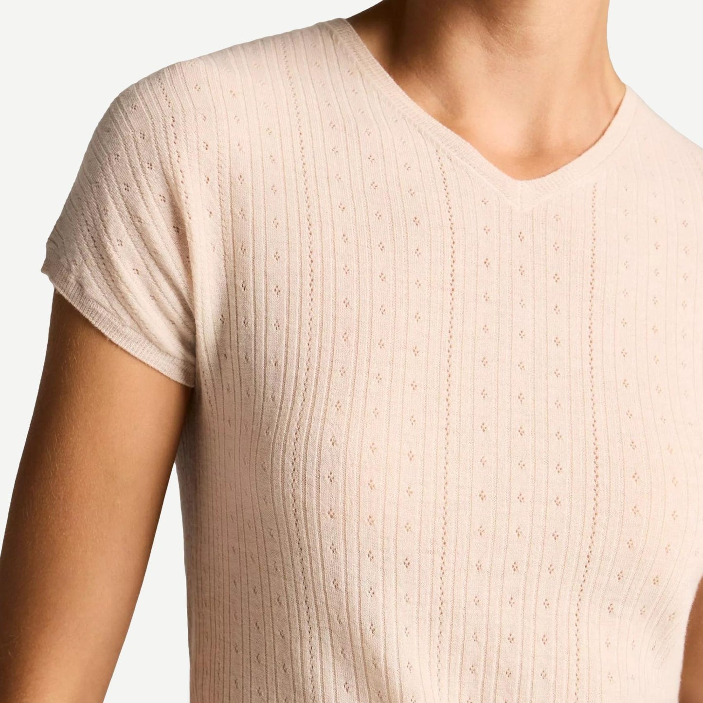 Pointelle Wool Short-Sleeve Sweater - Blush Cloud - Galvanic.co
