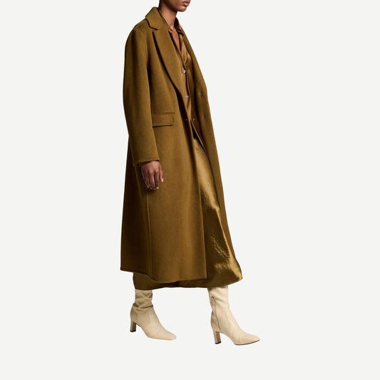 Vince single breasted classic coat in moss green outerwear layered over a simple outfit
