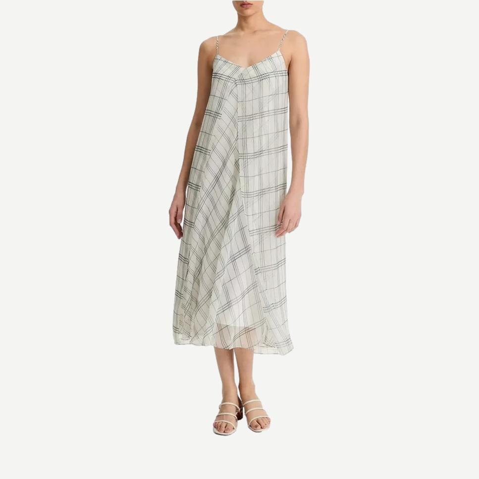 Fenced Plaid Sheer Panel Dress - Off White/Grey - Galvanic.co