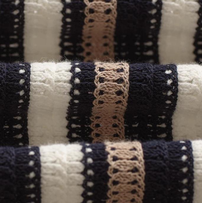 Wax London Porto SS Polo Shirt in Ecru and Black stripe with crochet knit detailing, casual short-sleeve men's shirt.