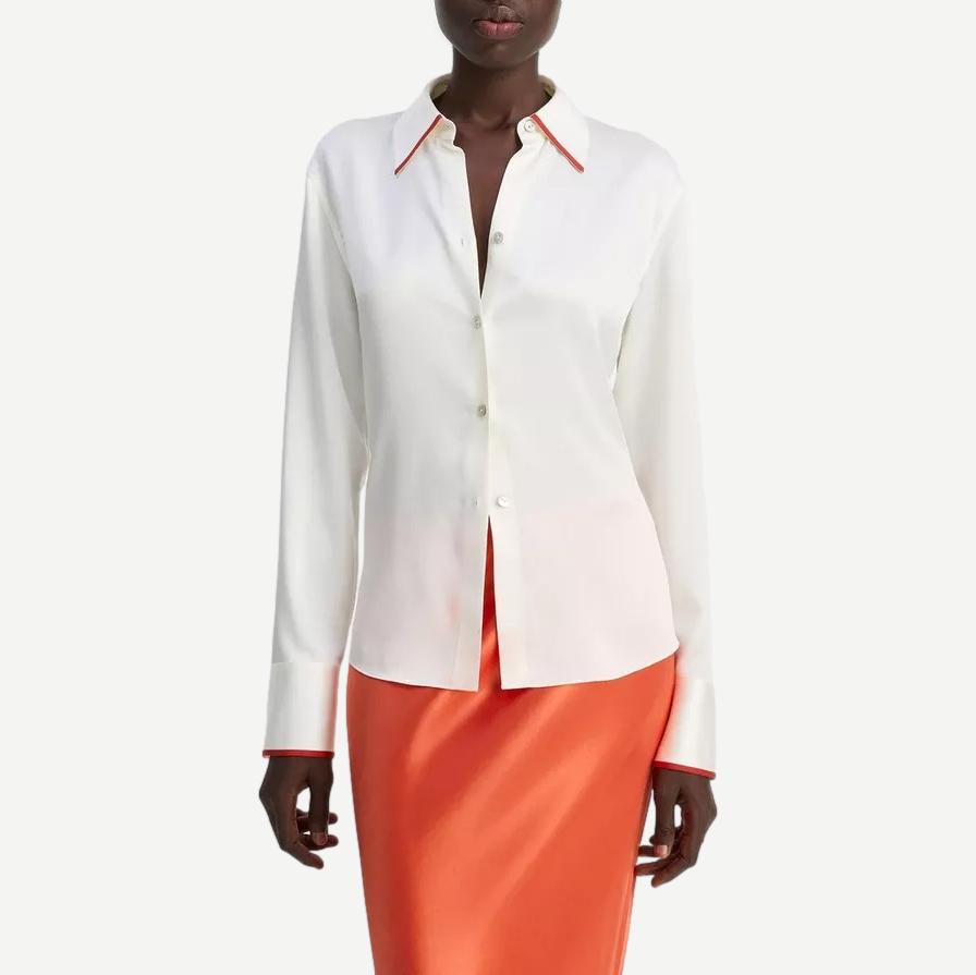 Tipped Slim LS Blouse - White/Brick Rose - Galvanic.co