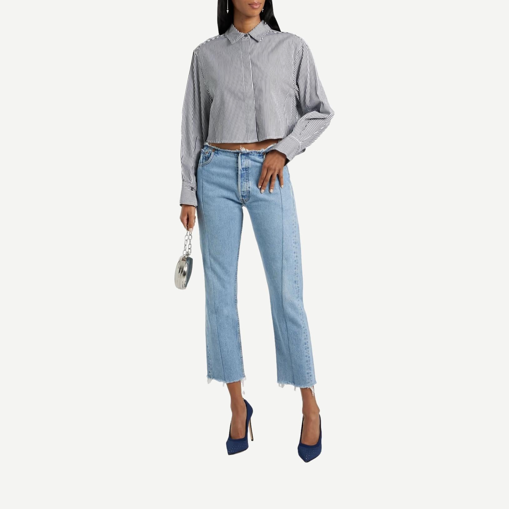 Renata Cropped Button Down Shirt - Midnight Stripe - Galvanic.co