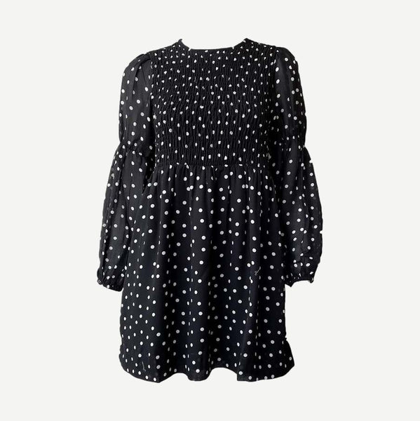 Printed Light Crepe Smock Mini Dress - Small Polka Dot Black