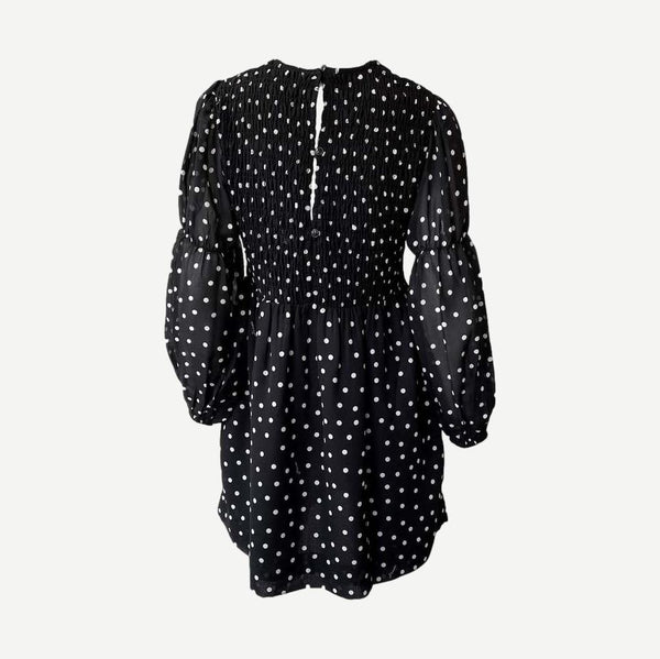 Printed Light Crepe Smock Mini Dress - Small Polka Dot Black