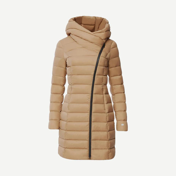 Karelle lightweight down coat with shop asymmetrical closure