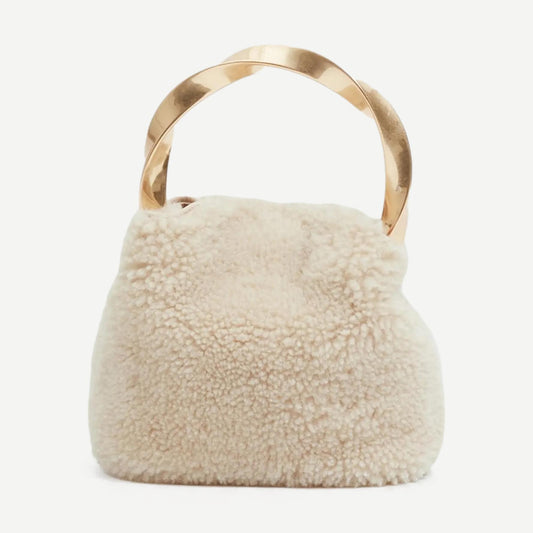 Nixi Shearling Mini Twist Bucket Bag - Ecru - Galvanic.co