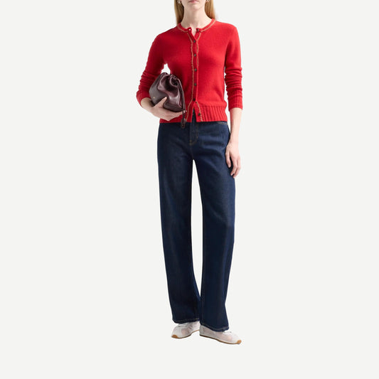 Guest in Residence Flurry Jane Cardigan in Candy Cane, close-up view of soft knit texture and festive stripes