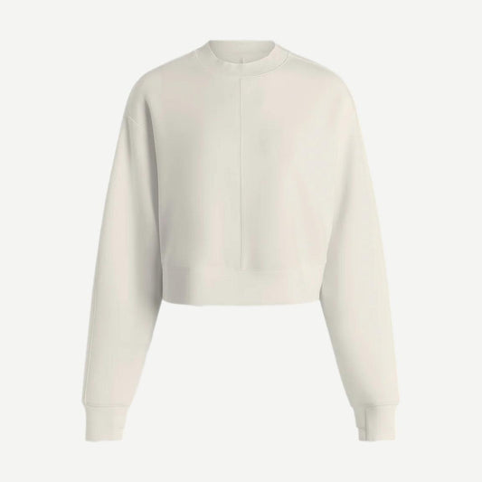 Varley Tasmin Cropped Sweatshirt in Snow White, showing the soft fabric, cropped fit, and relaxed style.