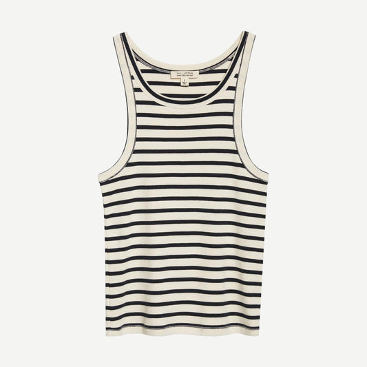 Nili Lotan Jennifer Rib Tank in ecru and black stripe, sleeveless tank top with ribbed texture and casual fit.