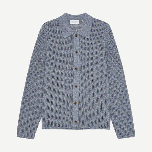 Les Deux Gerald LS knitted shirt in dark denim blue, featuring a classic fit and textured knit fabric.