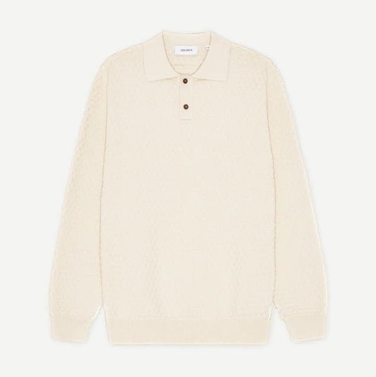 Les Deux Billy knitted long-sleeve polo in light ivory, featuring a classic collar and textured knit fabric.