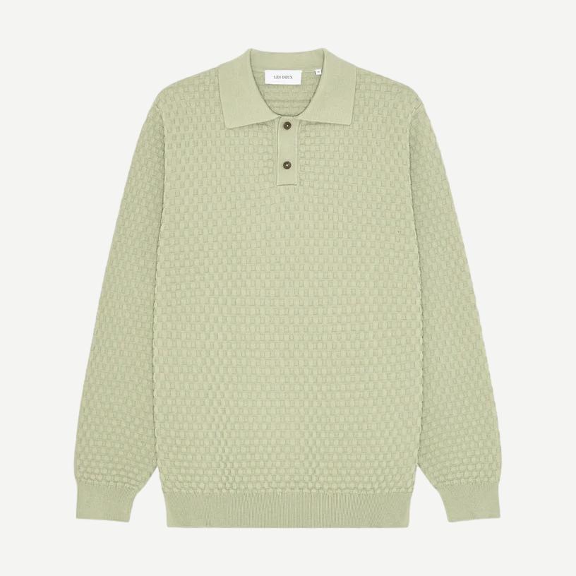 Les Deux Billy Knitted LS Polo in tea green, long-sleeve men's polo shirt with a knitted texture and classic collar.