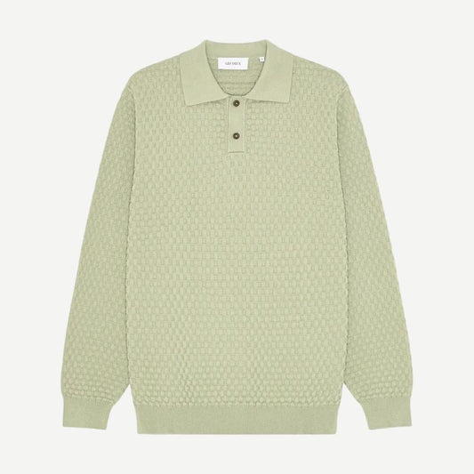Les Deux Billy Knitted LS Polo in Tea Green, a long-sleeve knit polo shirt with a classic fit and ribbed collar.