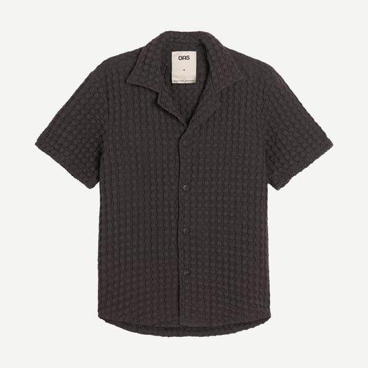 OAS Cuba Waffle SS Button Up Shirt in nearly black, featuring a textured waffle fabric and classic collar style.