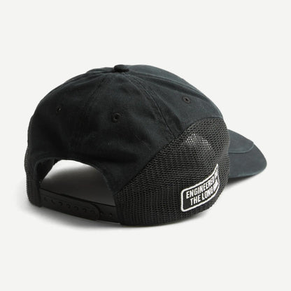 Stussy black LP Service Mesh strapback cap with mesh back panels and adjustable strap, stylish headwear for casual wear.