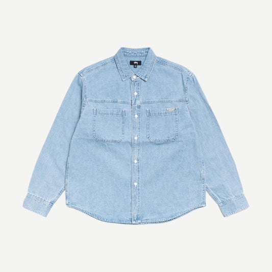 Stussy light denim work shirt with long sleeves and button front, casual style perfect for everyday wear.