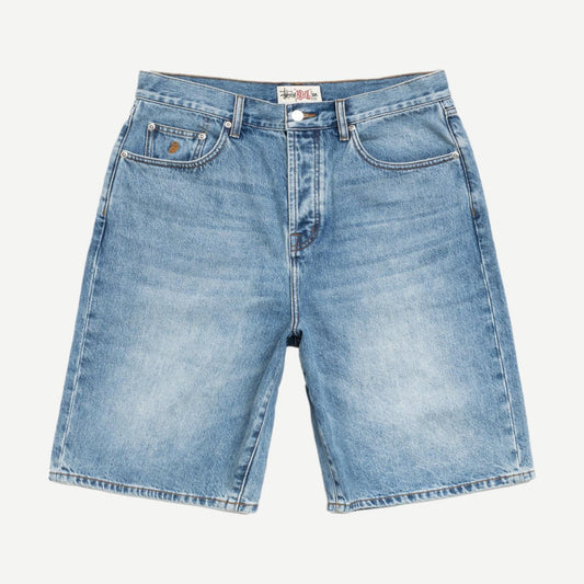 Stussy Big Ol Shorts Denim with distressed detailing and relaxed fit, displayed on a neutral background.