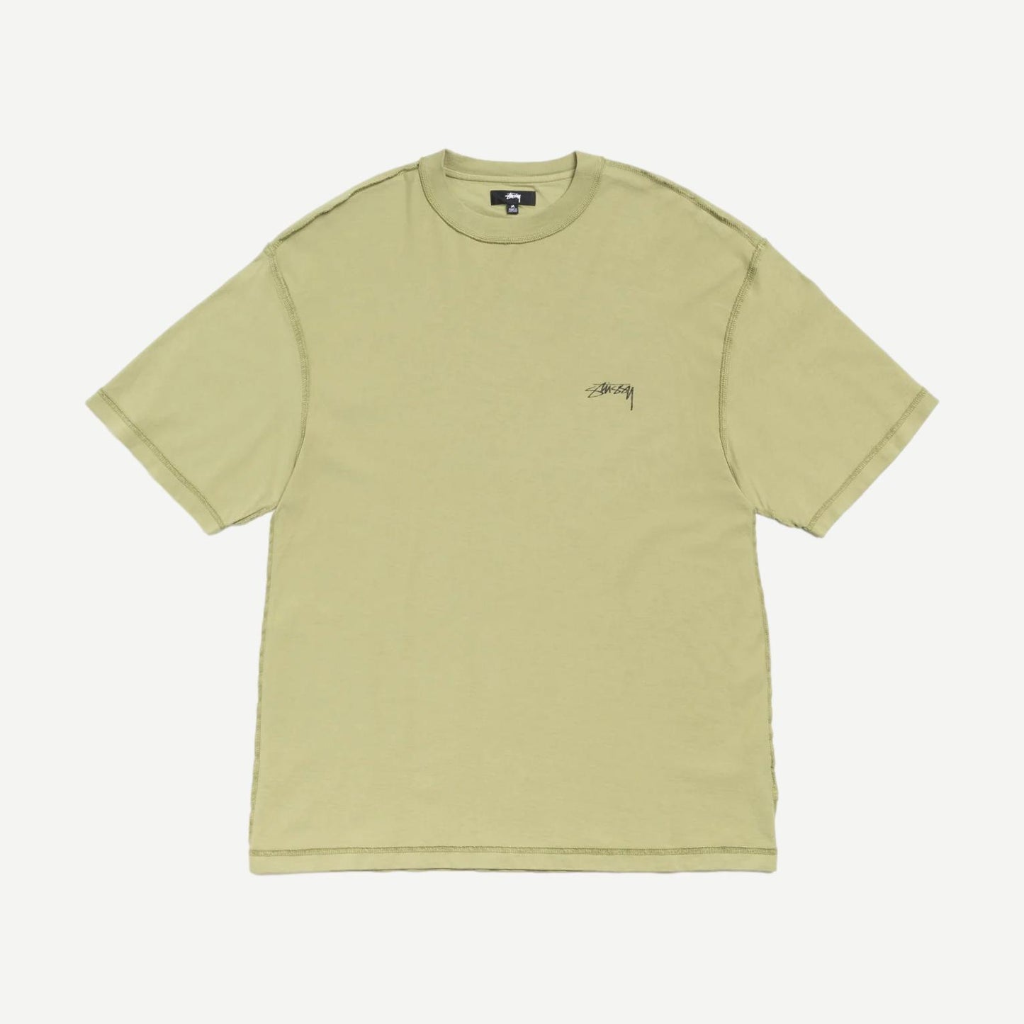 Light olive Stussy Lazy SS T-Shirt displayed flat with visible short sleeves and crew neck, showcasing casual streetwear style.