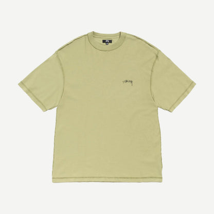 Light olive Stussy Lazy SS T-Shirt displayed flat with visible short sleeves and crew neck, showcasing casual streetwear style.