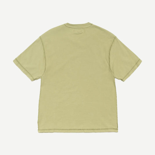 Stussy Lazy SS Tee in light olive color, casual short-sleeve T-shirt with a relaxed fit and classic crew neckline.