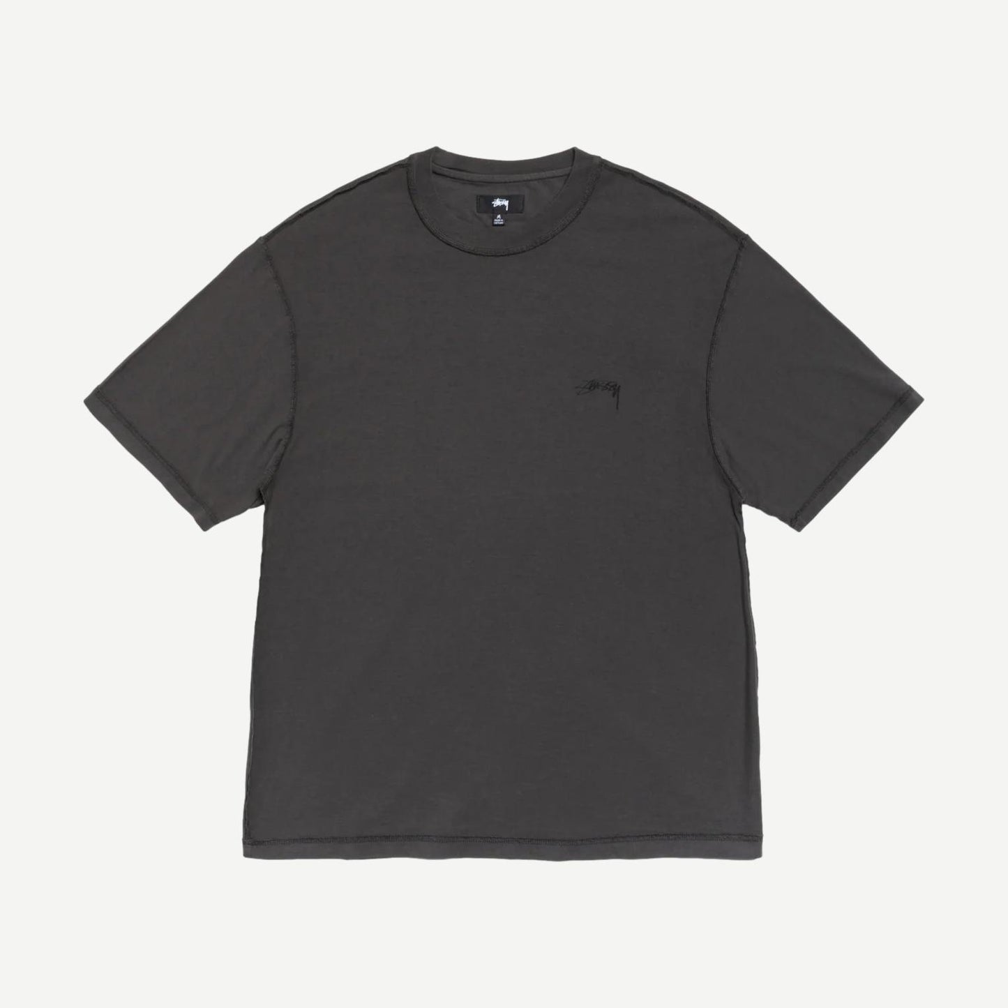 Stussy Lazy SS Tee in vintage black, short sleeve T-shirt with logo graphic, relaxed fit, casual streetwear style.