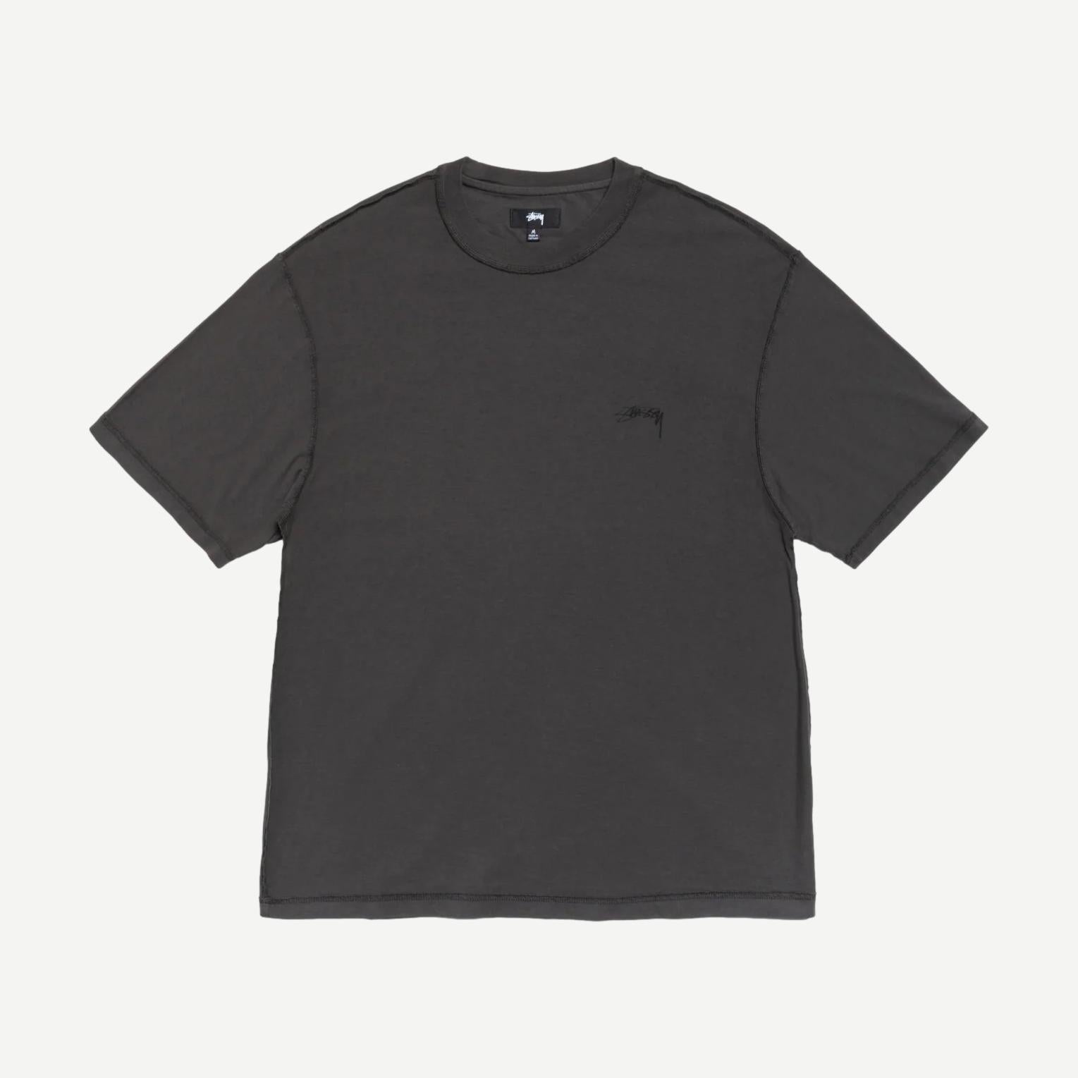 Stussy Lazy SS Tee in vintage black, short sleeve T-shirt with logo graphic, relaxed fit, casual streetwear style.