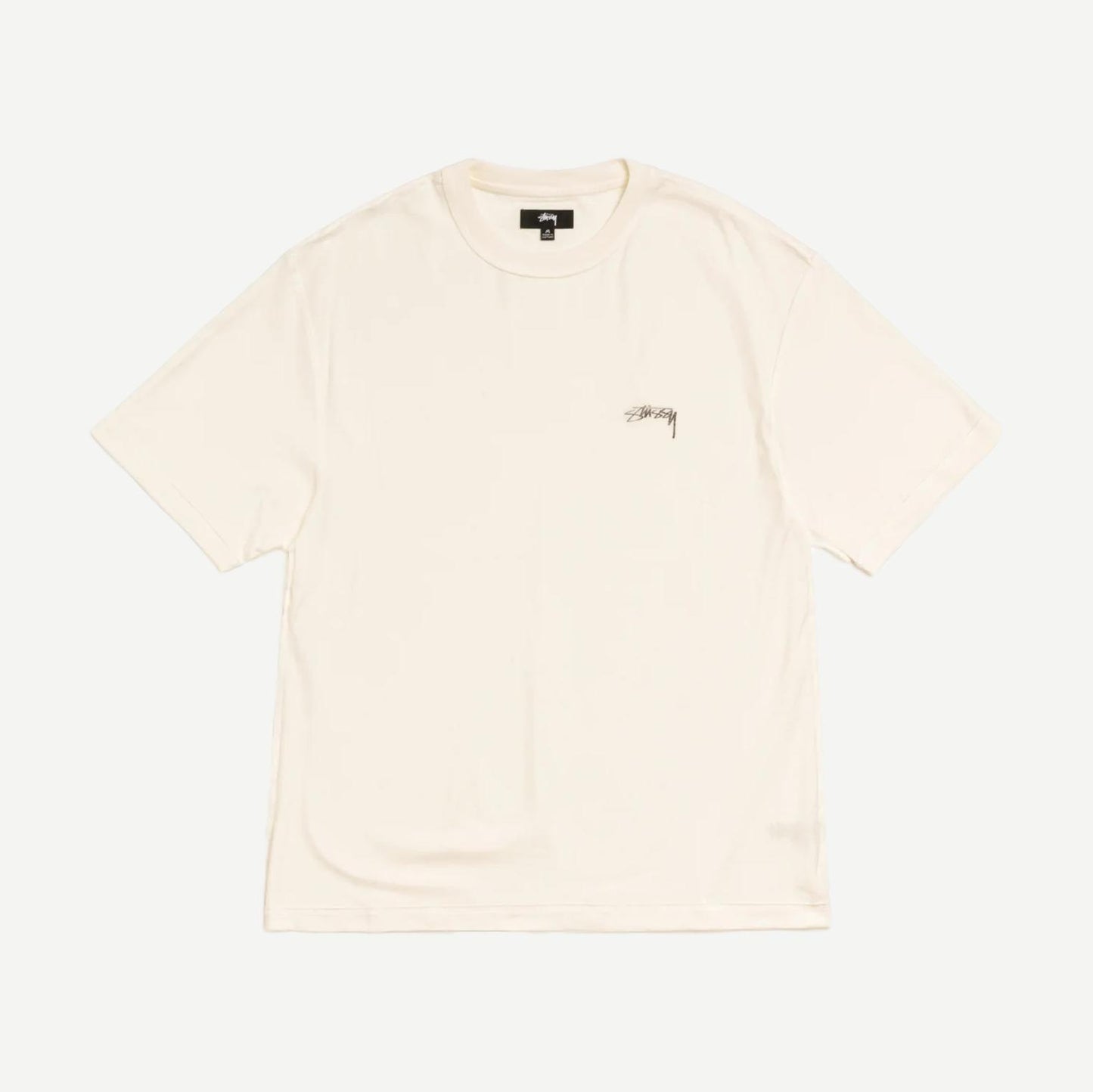 Stussy Lazy SS Tee in white, short-sleeve T-shirt with a relaxed fit and minimal design, displayed on a plain background.