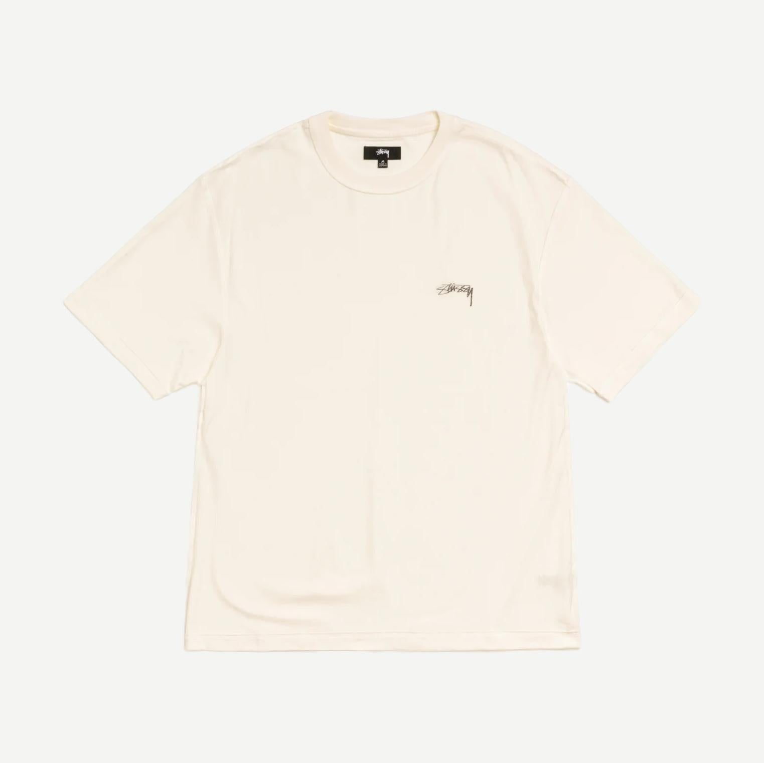 Stussy Lazy SS Tee in white, short-sleeve T-shirt with a relaxed fit and minimal design, displayed on a plain background.