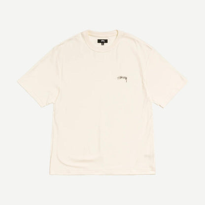 Stussy Lazy SS Tee in white, short-sleeve T-shirt with a relaxed fit and minimal design, displayed on a plain background.