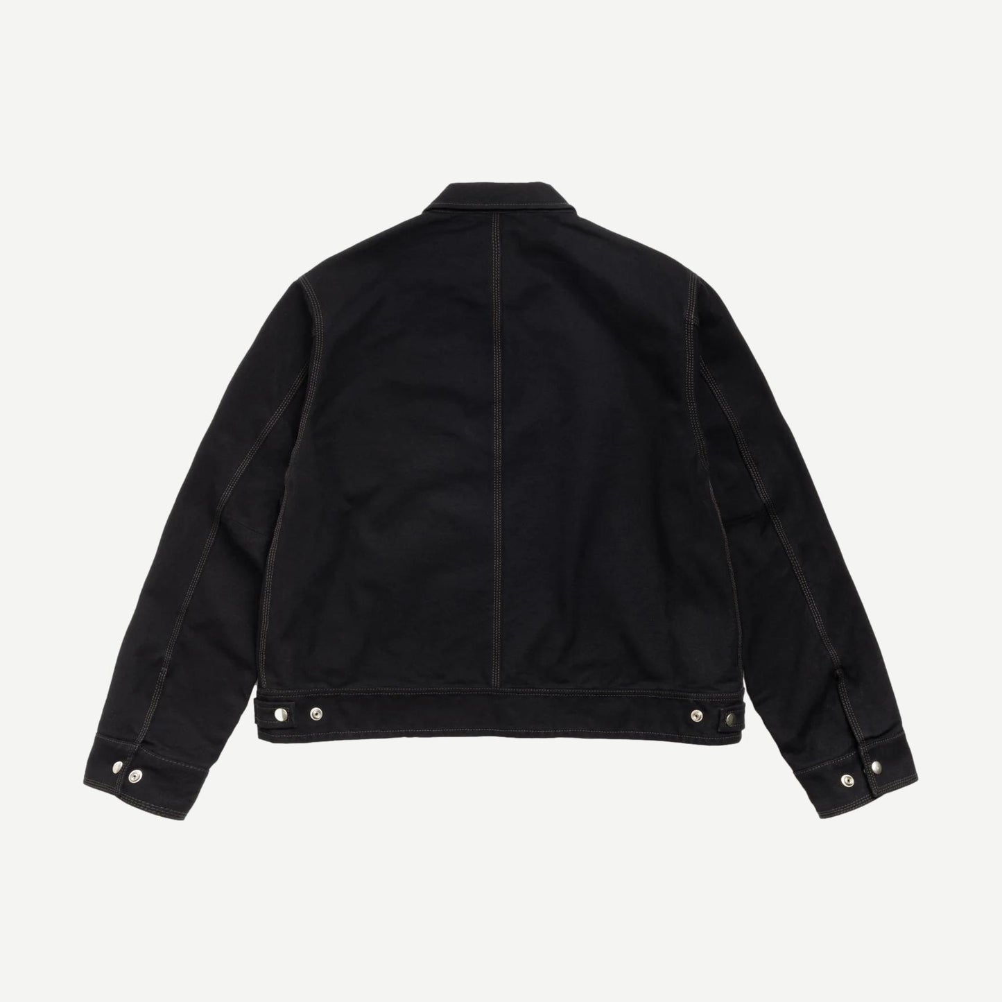 Black Stussy work jacket with a collared design, featuring a durable fabric and classic style for versatile casual wear.