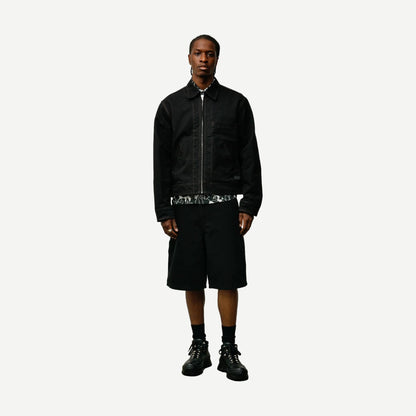 Black Stussy work jacket with a collared design, featuring a sleek, durable fabric and classic fit for casual or workwear.