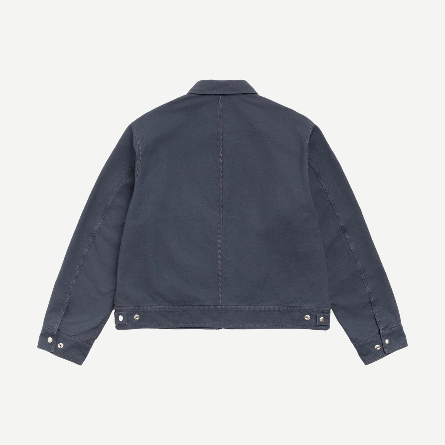 Stussy blue work jacket with collar, durable cotton fabric, front pockets, and stylish design for casual and workwear.